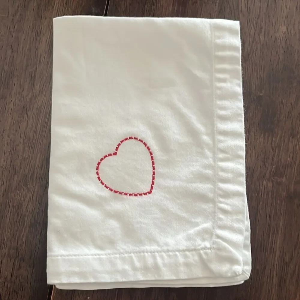 White Upcycled Square Napkins with Border Custom Home Heart Embroidery Set of 4